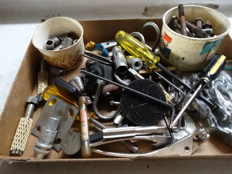 lot 1073 image: Misc hardware, hand tools, drill bits, etc.