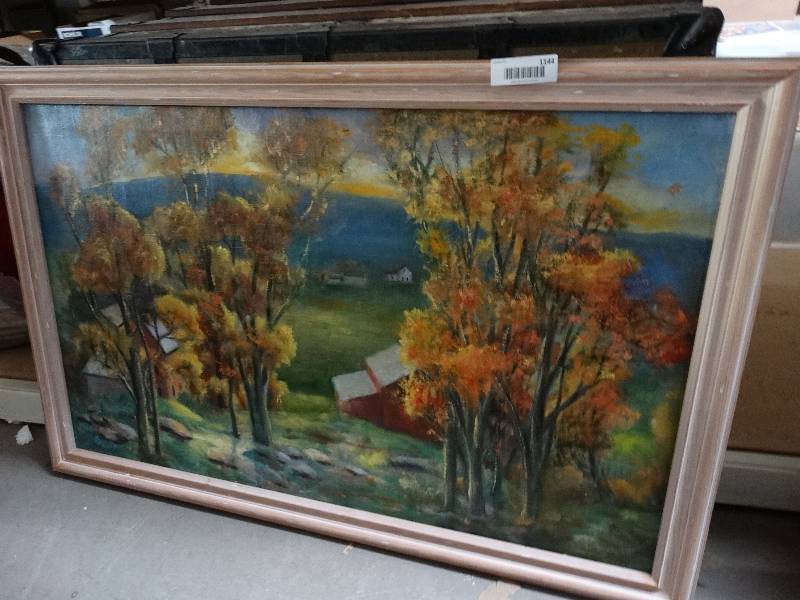 lot 1144 image: Framed canvas painted art.