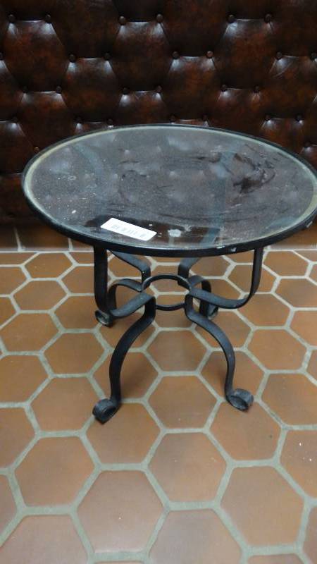 lot 185 image: Small round metal table w glass top