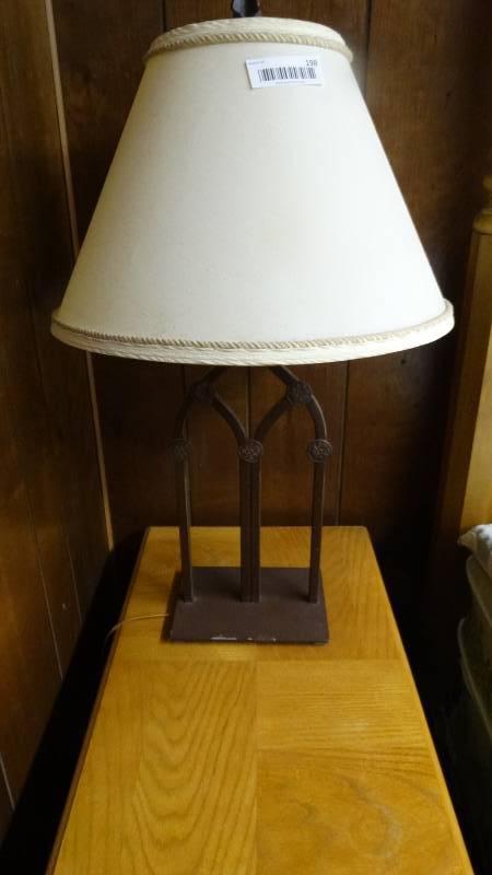 lot 198 image: Pair of Gothic metal table lamps w shades