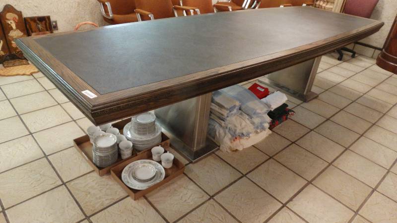 lot 204 image: Lg custom built conference table w stainless steel legs