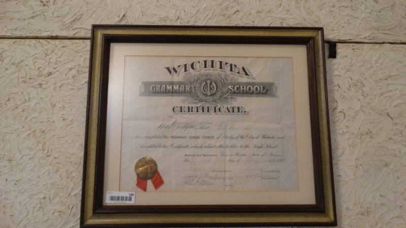 lot 288 image: Wichita Grammar School certificate in frame