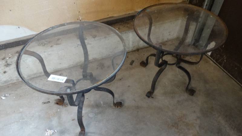 lot 341 image: 2 small glass top round patio tables