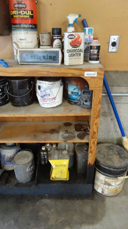 lot 354 image: Wood bookshelf w contents- Paint & misc.
