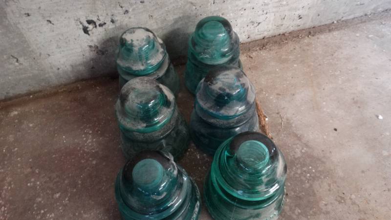 lot 367 image: 6 old green glass insulators
