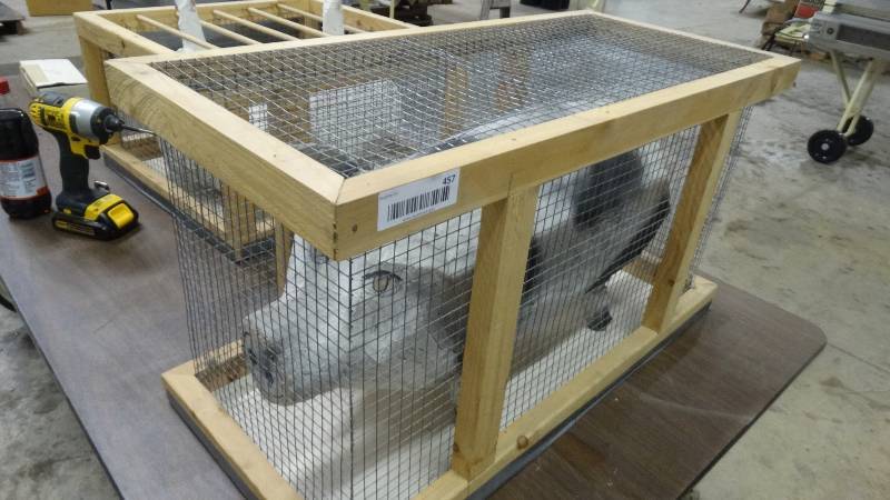 lot 457 image: Handmade pig in cage & turkeys in cage
