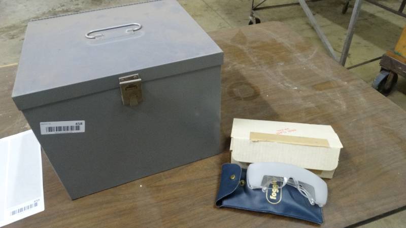 lot 458 image: Metal lock box & safety glasses