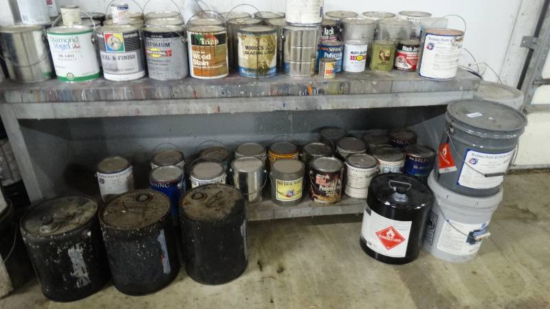 lot 483 image: Metal shop table w ALL paint stains misc.