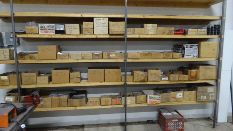 lot 613 image: HUGE inventory of parts for manufacturing the Job Pal II duct board cutting machine- All metal stock