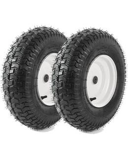 lot 15657 image: (2-Pack) 16x6.50-8 Tubeless Tires on Rim - Universal Lawn Mower and Garden Tractor Trailer Wheels - With Chevron Turf Treads - 3 Offset Hub, 34 and 58 Bearings - 4 Ply with 615 lbs Load Capacity