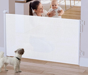 lot 15700 image: Cumbor Dog Gate Retractable Baby Gates for Doorways, Family & Moms Choice Awards Winner- 55 Wide Mesh Pet Gate for Dogs, 34 Tall Safety Gates for The House,Puppy Gate Indoor & Outdoor, White