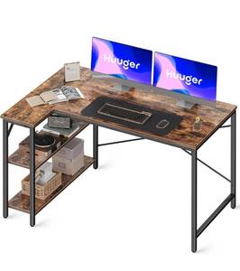 lot 15702 image: L Shaped Computer Desk with Reversible Storage Shelves, Gaming Corner Desk for Home Office, Writing Study Desk with Metal Frame, Rustic Brown - Corner Chipped