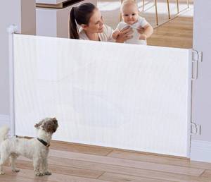 lot 15725 image: Cumbor Dog Gate Retractable Baby Gates for Doorways, Family & Moms Choice Awards Winner- 55 Wide Mesh Pet Gate for Dogs, 34 Tall Safety Gates for The House,Puppy Gate Indoor & Outdoor, White