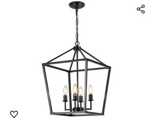 lot 15450 image: 15.75 Black Farmhouse Chandelier for Dining Room, 4-Light Lantern Pendant Light Fixture Industrial Vintage Iron Cage Hanging Light for Entryway Kitchen Island Foyer