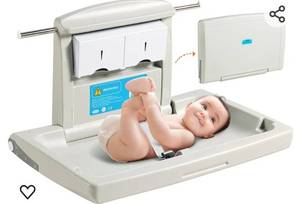 lot 15462 image: Wall-Mounted Baby Changing Station, Horizontal Foldable Diaper Change Table with Safety Straps and Hanging Rods, Use in Commercial Bathrooms, Daycare Centers for Newborns & Infant