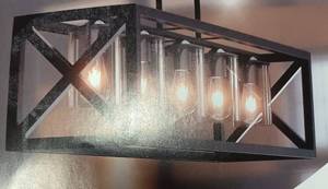 lot 15463 image: Kitchen Island Lighting, Modern Industrial Chandelier, 5-Light Linear Rectangular Pendant Light Fixtures for Farmhouse Kitchen Dining Room Bar Foyer(Metal, Height Adjustable) - Missing One Light Cover
