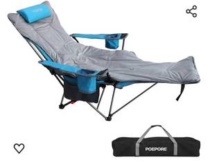 lot 15468 image: Reclining Camping Chair with Removable Footrest Lounge Chair with Headrest, Cotton Cushion, Portable Adjustable Folding Chairs for Adults Blue