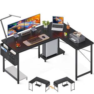 lot 15444 image: Casaottima 50 inch L Shaped Desk, Computer Desk with Removable PC Stand, Reversible Home Office Desk with Storage Bag for Gaming Writing, Corner Desk for Bedroom, Small Space, Black