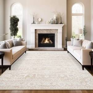 lot 15448 image: 8x10 Area Rugs for Living Room, Stain Resistant Neutral Washable Rugs for Dining Room, Floral Vintage Non-Slip Thin Large Size Area Rug Beige