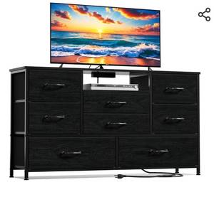 lot 15474 image: Furnulem Dresser TV Stand with Power Outlet for 55 Long TV, Entertainment Center with 8 Deep Drawers,Wide Chest of Drawer for Storage in Bedroom,Closet,Living Room,Hallway(Black Oak)