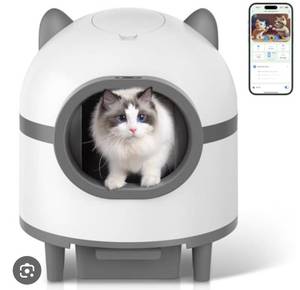 lot 15476 image: Amztoy Self Cleaning Cat Litter Box, Large Automatic Cat Litter Box for Multiple Cats with APP Control Odor Removal Safety Protection 2 Rolls Garbage Bags, White & Grey