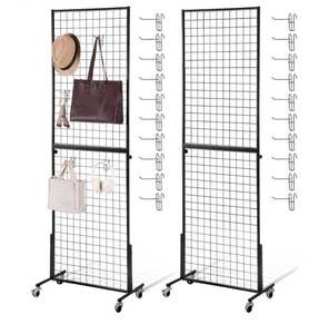 lot 15478 image: Therwen 2 Pack 6 x 2 Grid Wall Panels with 40 Hooks, Wire Grid Panels with T Base Wheels Floor Standing Display Panels Tower Gridwall Panels for Art Craft Shows Retail Display(Black)