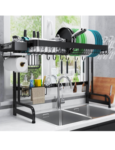 lot 15269 image: Large Over Sink Dish Rack Full Stainless Steel Dish Drying Rack Over The Sink - Adjustable (25.6-37.6in) Width Kitchen Organizers and Storage Black Dish Shelf Counter Utensil Sponge Holder Sink Caddy