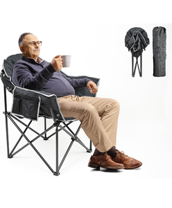 lot 15619 image: ABORON Oversized Camping Chair, Outdoor Chairs with Side Pocket, Heavy Duty Outside Couch, Folding Cotton Padded Chair Seat for Sports, Patio (Club Chair, Black Club Chair)