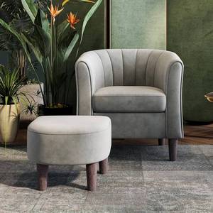 lot 15266 image: LINSY Accent Chair with Ottoman, Modern Barrel Chair Comfy Armchair Reading Chair with Footrest, Round Arms Chair for Living Room Bedroom Reading Room, Velvet, Grey