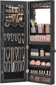 lot 15614 image: SONGMICS Jewelry Cabinet Armoire, Lockable Wall-Mounted Organizer Unit with 2 Plastic Cosmetic Storage Trays, Full-Length Frameless Mirror, White UJJC001W01
