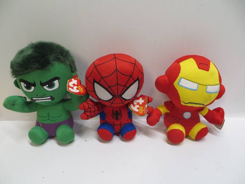 lot 1042 image: Hulk, Sipderman, and iron man beanie babies