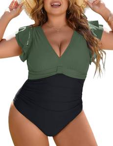 lot 1602 image: Blooming Jelly Womens Tummy Control Swimsuit One Piece Full Coverage Plus Size Bathing Suit Push Up Ruffle V Neck Monokini (Army Green and Black,XX-Large)