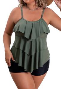lot 1607 image: B2prity Women Plus Size Tankini Swimsuits Tummy Control Two Piece Bathing Suit Ruffled Flounce Swimwear with Shorts 3XL