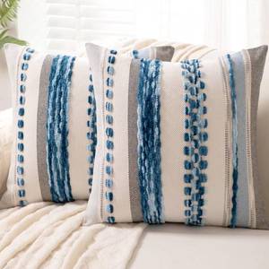 lot 1613 image: WANLIRD Boho Throw Pillow Covers 18x18 Set of 2 Farmhouse Decorative Cushion Case Striped Square Pillows Cover Chenille Pillow Cases Accent Neutral Pillowcase for Sofa Couch Bed,Sky Blue
