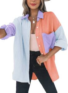 lot 1615 image: Dokotoo 2024 Stylish Shirts for Women Color Block V Neck Collared Button Down Roll Up Long Sleeve Comfy Casual Oversized Ladies Womens Fashion Outerwear Beach Cover Up Blouses Tops Purple M