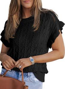 lot 1621 image: Dokotoo Womens Tops 2024 Trendy Short Sleeve Sweaters for Women Shirts Crewneck Lightweight Soft Pullover Knit Sweater Casual Dressy Blouses Fall Outfits Black Medium