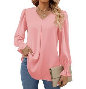 lot 1622 image: Funlingo Women 2024 Long Sleeve Tops Business Causal Chiffon Long Blouse Fashion Dressy V Neck Work Shirts for Leggings Light Pink X-Large