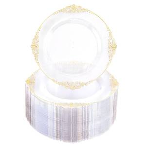 lot 1631 image: Morejoy Gold Plastic Disposable Plates 100pcs - 7.5 inch Clear and Gold Dessert Plates, Clear Plastic Plates with Gold Rim for Weddings & Parties & Thanksgiving & Shower