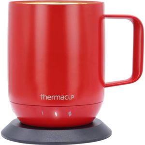 lot 1632 image: Thermacup Self-Heating Temperature Controlled Coffee Mug with Lid, Led Electric Smart Cup, 3 Custom Heat Settings, AutoOff Feature, Keeps Liquids Warm, Sip Smarter (Cherry Red 10 oz)