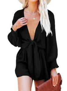 lot 1636 image: AlvaQ Black Jumpsuits for Women 2024 Fashion Summer Flowy Wide Leg Romper Spring Puff Long Sleeve Tie Knot Front V Neck Shorts with Pockets Medium