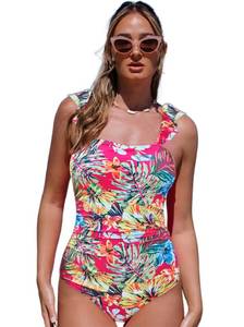 lot 1642 image: Hilinker Womens Ruffle Strappy One Piece Swimsuits Tummy Control Bathing Suits Black Floral Small