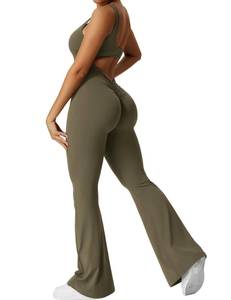 lot 1644 image: YEOREO Women Sleeveless Flare Jumpsuits Sexy Backless Scrunch Butt V Back Yoga Jumpsuit Olive Green S