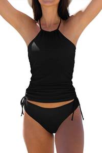 lot 1646 image: Womens Bathing Suit Solid Color Drawstring Side Halter Neck Tankini Set, Solid Black, L