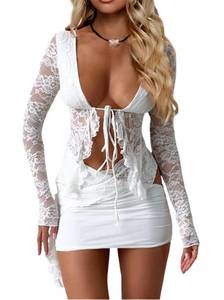 lot 1648 image: CSDAJIO 2 Piece Outfits for Women Floral Lace Open Front Tie Up Long Sleeve Crop Top Blouse Shirt and Mini Skirt Set White Small
