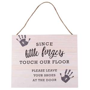 lot 1660 image: GSM Brands Since Little Fingers Touch Our Floor 15.75 x 13 Wood Plank Design Hanging Sign