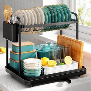 lot 1661 image: Sakugi Dish Drying Rack - Stainless Steel Dish Rack for Kitchen Counter, 2-Tier Kitchen Organizers and Storage Rack with Drainboard and Cutlery Holder, Medium, Black