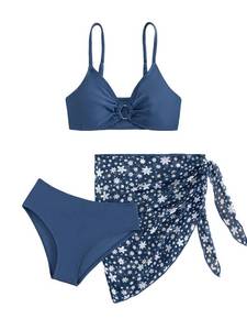 lot 1673 image: COZYEASE Girls 3 Piece Bikini Set Ditsy Floral Print Wireless Swimsuit with Beach Skirt Navy Blue 8-9Y