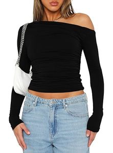 lot 1675 image: Darong Womens Casual Boat Neck Off Shoulder Long Sleeve Slim Fit Crop Top Going Out Shirts Y2K Tight T Shirts 9026 Black Small