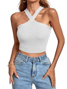 lot 1679 image: Umenlele Womens Criss Cross Halter Crop Top Sleeveless Ribbed Knit Cami Tank Tops White Medium