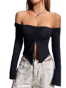 lot 1681 image: Milumia Women Y2K Drawstring Long Sleeve Off The Shoulder Top Ruched Split Front Trendy Going Out Crop Top Tee Shirts Black Medium